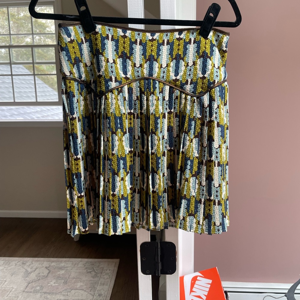 Textured Pleated Mini Skirt in Blue, Olive & Cream